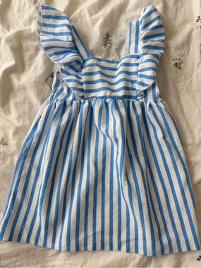 Zara Blue and White Striped Ruffle-Shoulder Dress